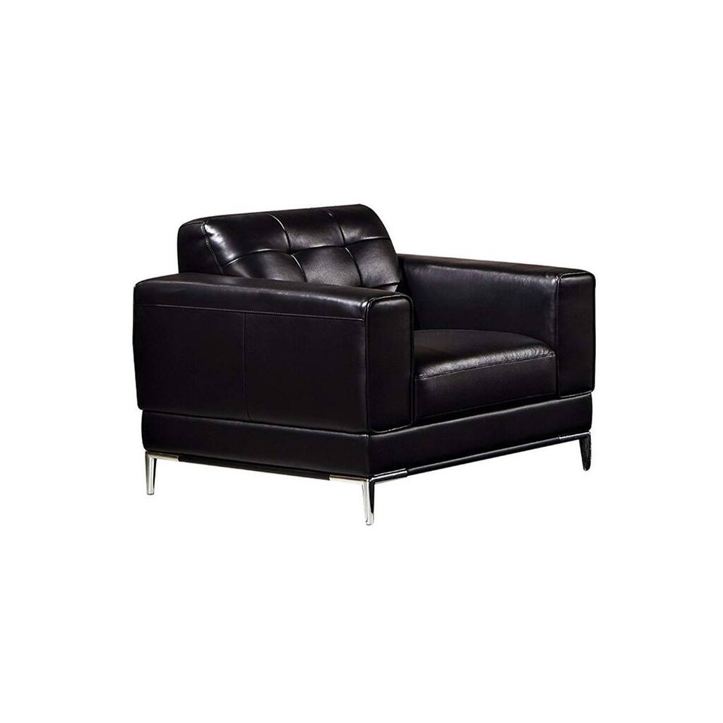 Leather Upholstered Wooden Sofa Chair with Square Quilt Tuft Pattern on Backrest, Black