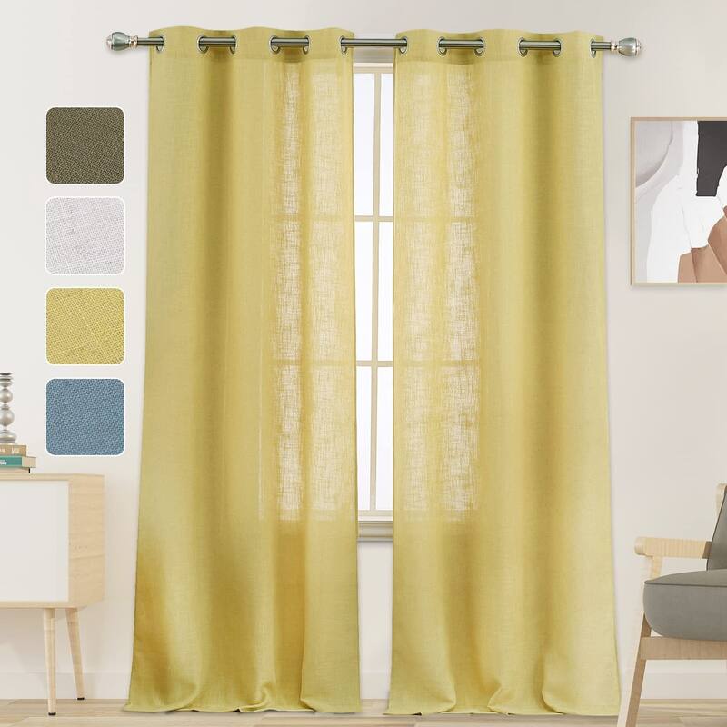 Linen Blend Living Room Curtains Faux Linen Textured Window Curtains for Bedroom Semi-Sheer Yellow Curtain Panles