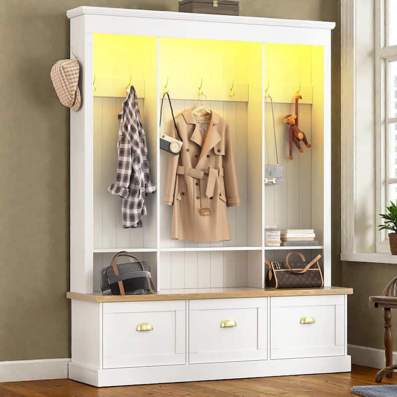 LED Hall Tree with Storage Bench, APP Controlled Light Entryway Organizer with 9 Hooks and Shoe Cabinets