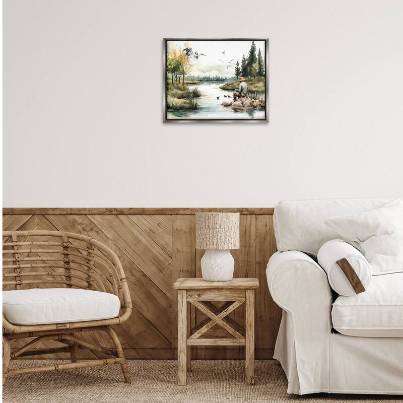 Stupell Fishing by River Landscape Framed Floater Canvas Wall Art Design By Nicole DeCamp