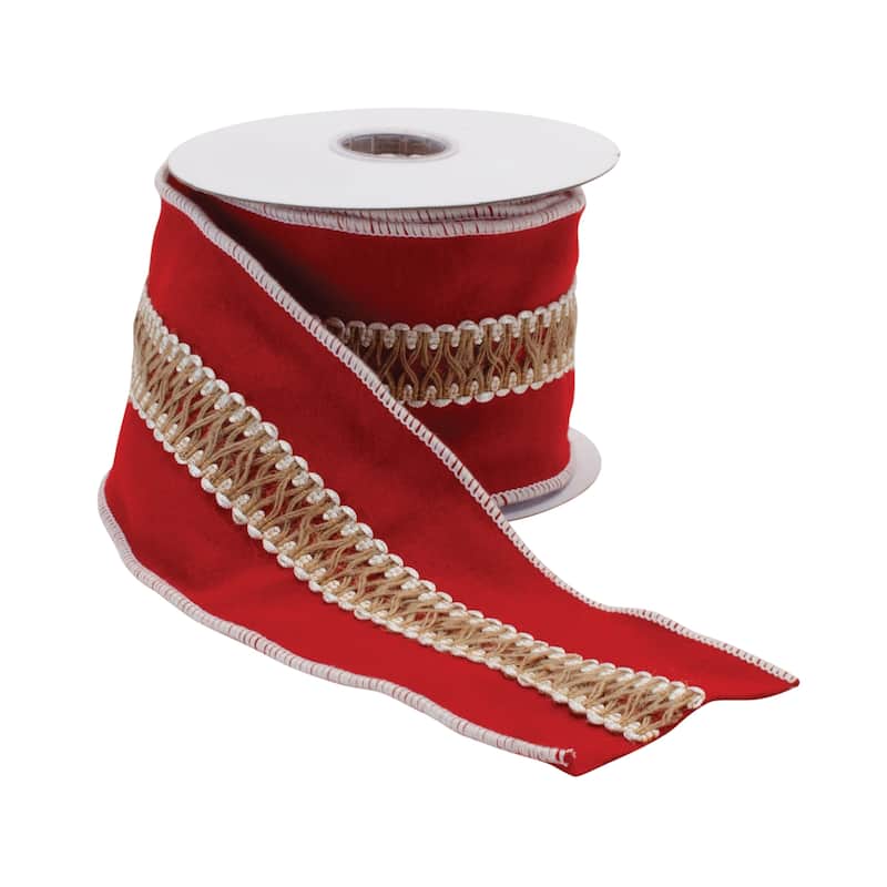 4"x180" Set of 2 Wool Acrylic Festive Red and Gold Wired Ribbon Perfect for Christmas Crafts - 180”L x 4”W x 0.25”H