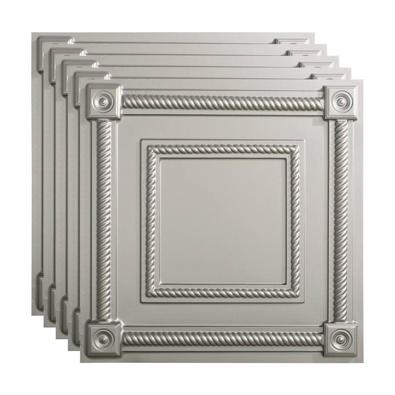 FASÄDE Coffer Decorative Vinyl 2ft x 2ft Lay in Ceiling Panel in Argent Silver (5 Pack) - 5 Pack - Argent Silver