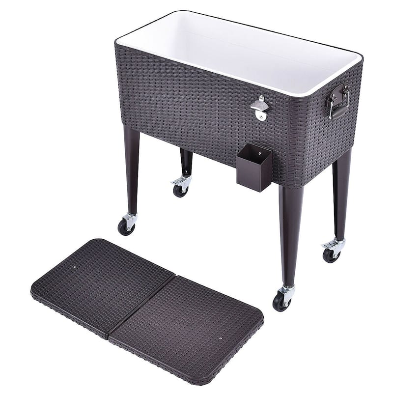 Costway Outdoor Rattan 80QT Party Portable Rolling Cooler Cart Ice