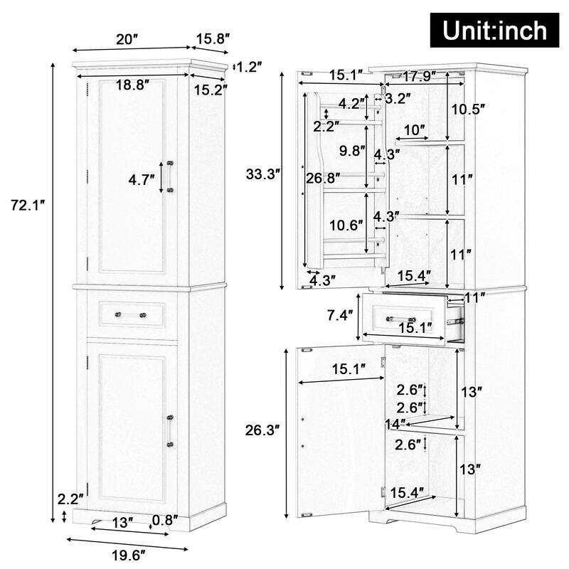 72" Tall Freestanding Storage Cabinet with 4 Doors, 2 Drawers, Adjustable Shelves and Door Racks, Painted MDF Organizer