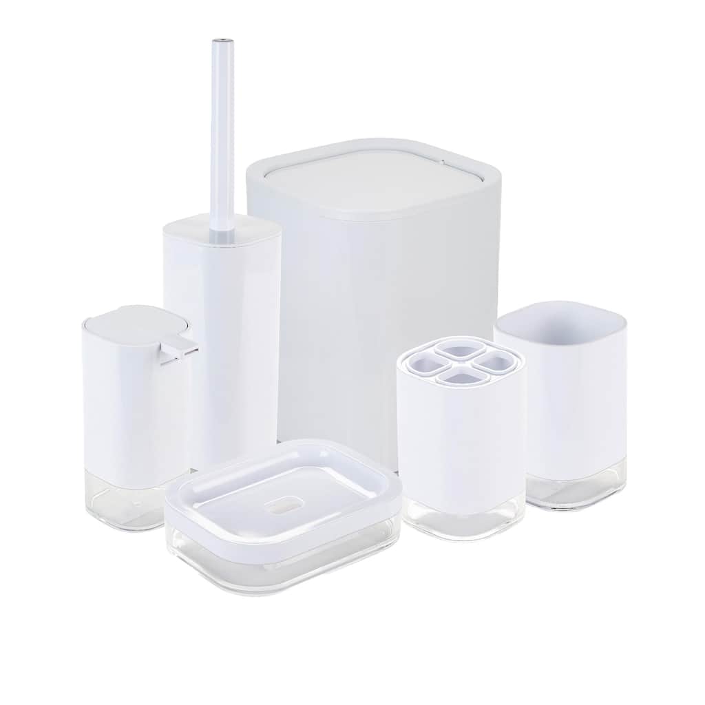 Bath Bliss 6 Piece Acrylic Bathroom Set in White - 7.6" x 7.6"x 9.88"
