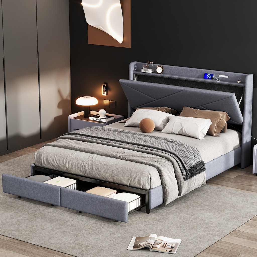 Grey Queen Platform Upholstered Bed, Low Profile Bed with Storage Space