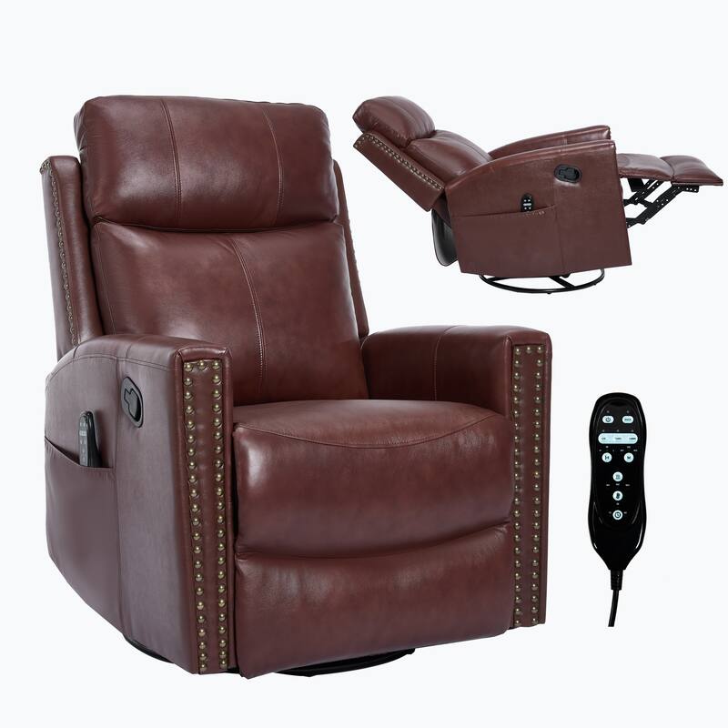 One Piece Genuine Leather Recliner Chair with Massage Heat Rocker and Swivel