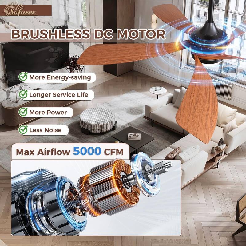 52 Inch Ceiling Fan with Remote & Lights Quiet DC Motor 5 Blade High CFM Modern Fan