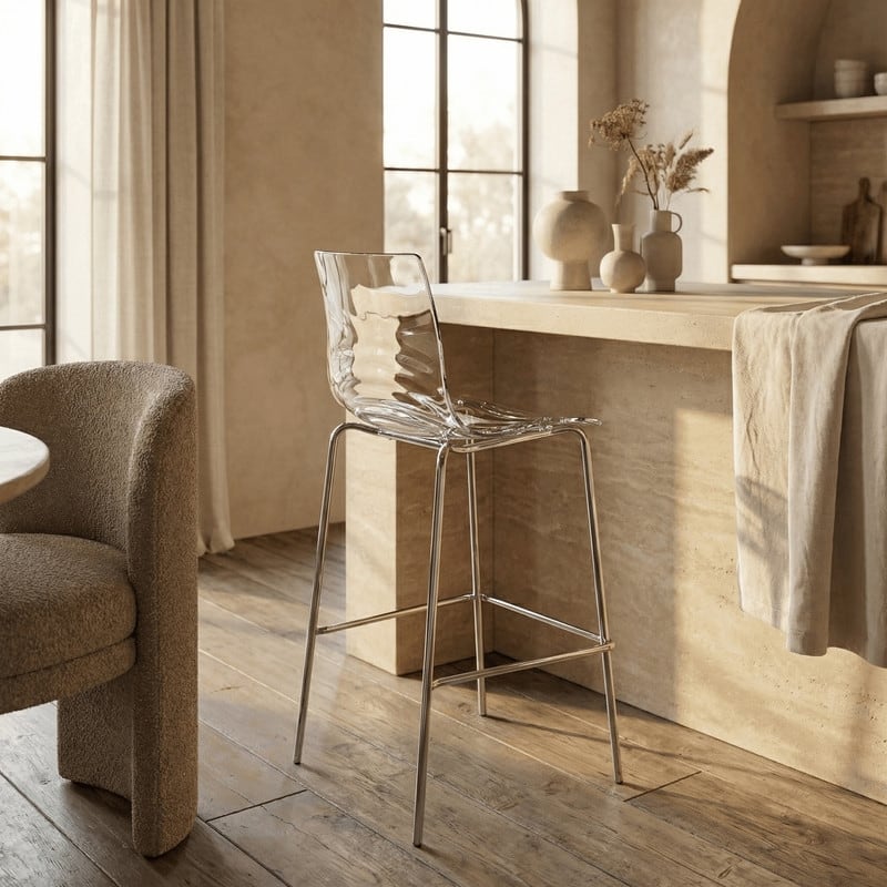 Astor Modern Plastic Bar Stool Chrome Steel Base Counter Stool with Ripple Swirl Seat Design and Footrest