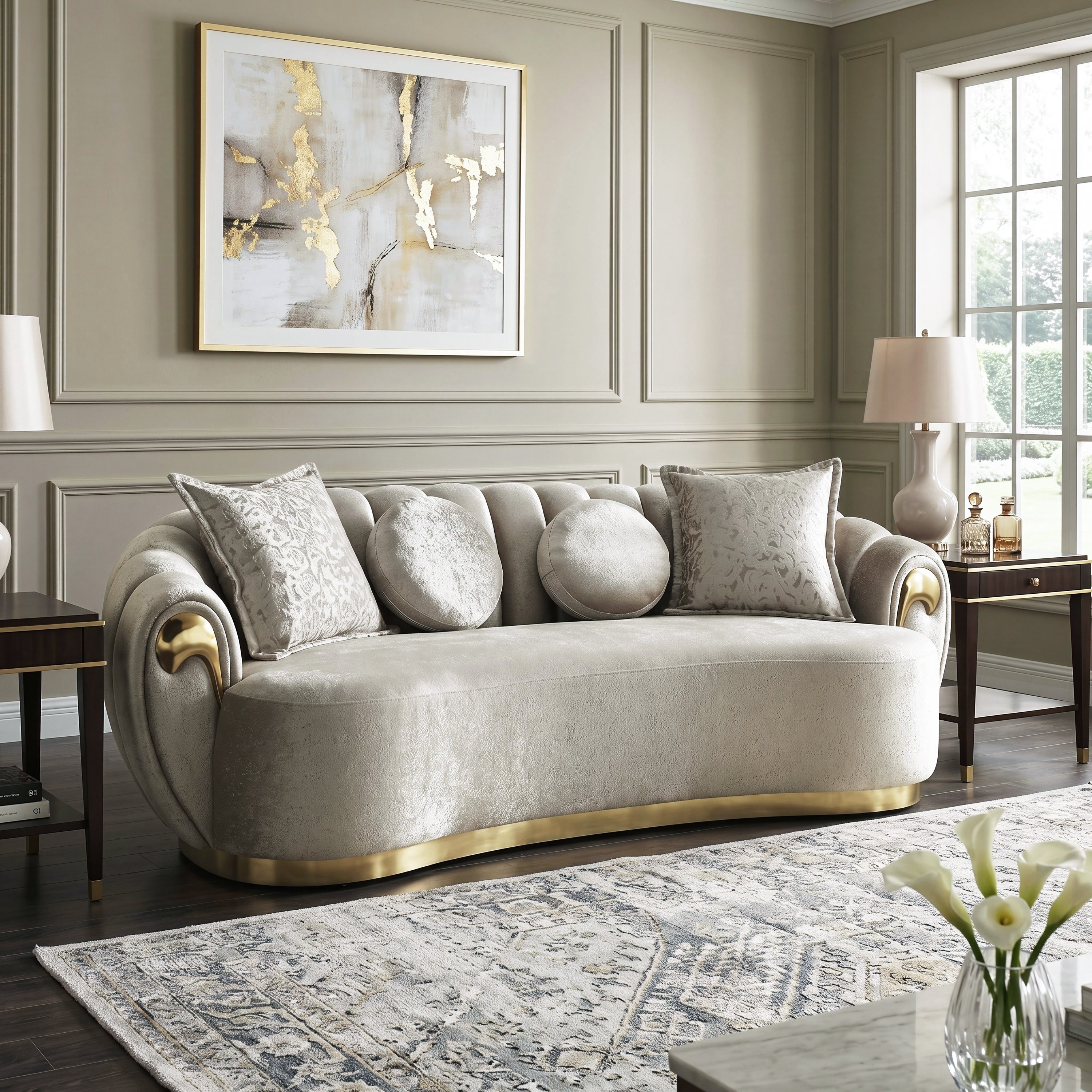 Furniture of America Vesper Glam Metallic Taupe Curved Back Sofa with Accent Pillows
