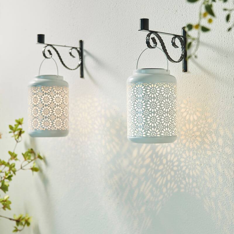 Glitzhome 8.75"H Outdoor Waterproof Metal Solar Hanging Lantern with Flower Leaves Decor