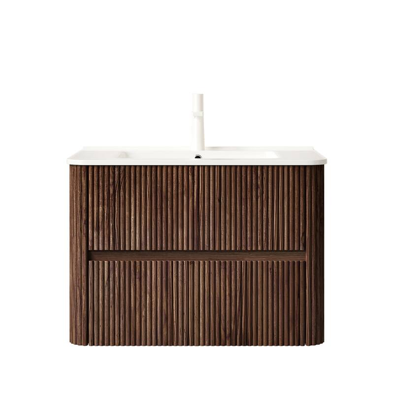 GDFStudio - Noor Modern Floating Bathroom Vanity with Dual Drawers & White Ceramic Basin, WITHOUT Faucet