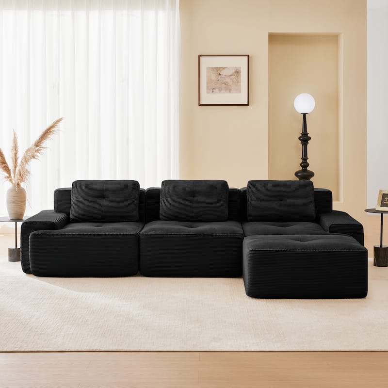 L-Shaped Modular Sectional Sofa with Movable Ottoman, Corduroy Boneless Cloud Couch, Tufted Deep Seat Sofa with 3 Pillow