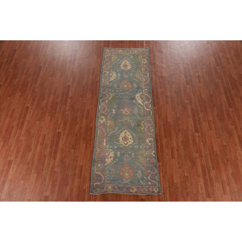 Hand Knotted Oriental 100% Wool Carpet Transitional All-Over Navy Blue & Blues Oushak Runner Rug - 9' 9'' X 3' 3''