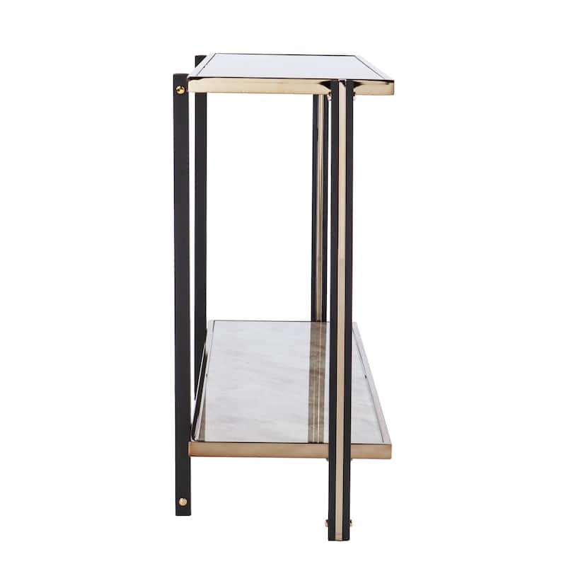 Smoky Black Glass Console Table and Champagne Iron Base with Shelf - 50.25" L x 14.25" W x 29.5" H