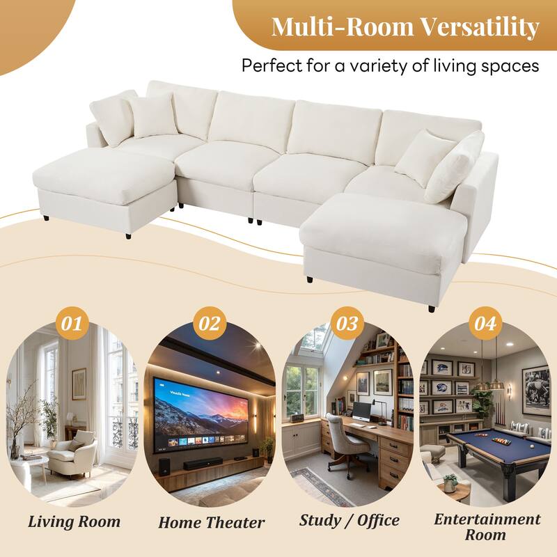 U-Shaped Modular Sectional Sofa with 2 Movable Ottomans, Oversized Chenille Upholstered Sofa, 6 Seater Sofa with Pillows