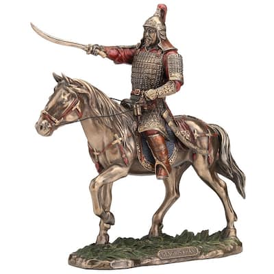 9.65 inches Width Cold Cast Bronze Genghis Khan on Horse Back Bronze Finish Figurine