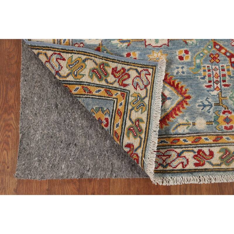 Light Blue Geometric Kazak Runner Rug Hand-Knotted Wool Carpet - 2'8" x 9'6"