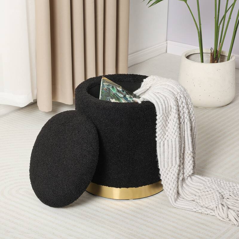 Adeco Velvet Round Storage Stool Gold Plating Base Storage Ottoman