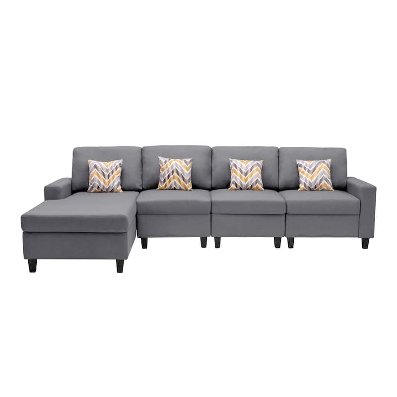 Linen Fabric 4 Piece Reversible Sectional Sofa Chaise with Pillows and Interchangeable Legs in Grey