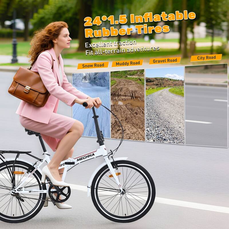 Folding City Commuter Bike - Steel Frame, Single Speed, Fenders, Dual V-Brake, Portable - 24