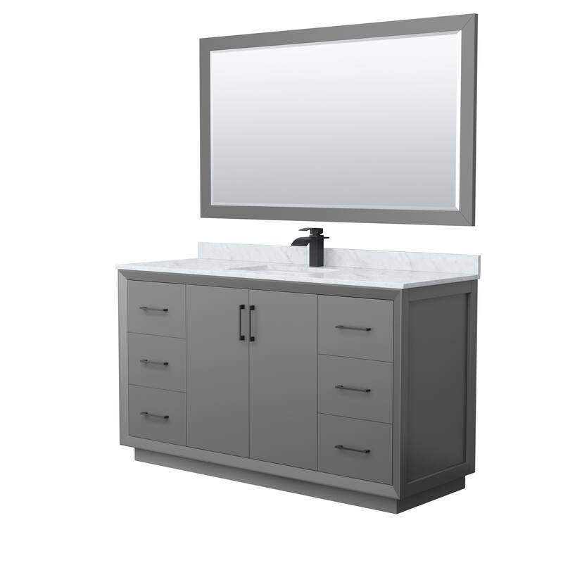 Strada 60-Inch Single Vanity Set, Carrara Marble Top, 58-Inch Mirror - Dark Gray, Black Trim, Carrara Marble Top