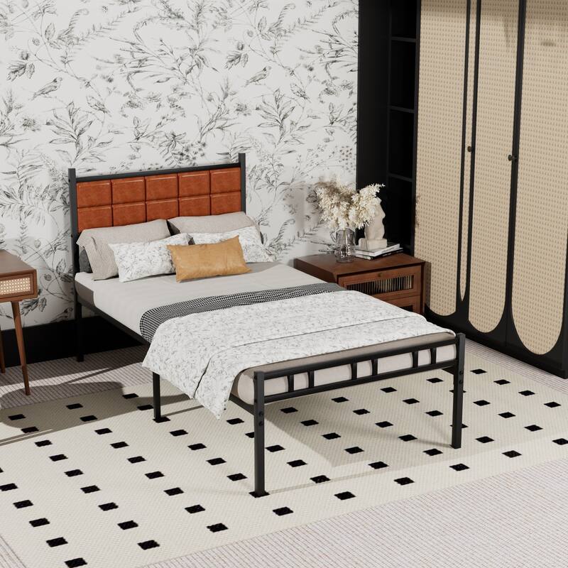 Javlergo Metal Bed Frame with PU Upholstered Headboard, No Box Spring Needed