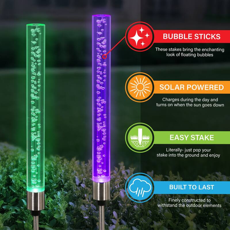 Exhart Two Solar Color Changing Acrylic Stationary Bubble Cylinder Garden Stake Set, 2.5 by 34 Inches