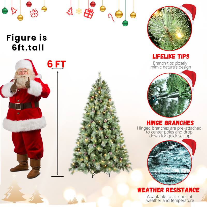 Pre-Lit Artificial Christmas Tree - Warm White LED Lights, PVC & Hard Needle Tips, Pine Cones, Metal Stand - Green