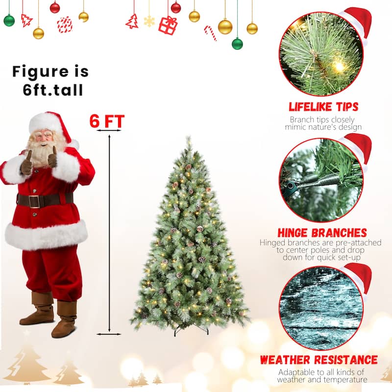 Pre-Lit Artificial Christmas Tree - Warm White LED Lights, Pine Cones, Hinged Branches, Metal Stand - Green