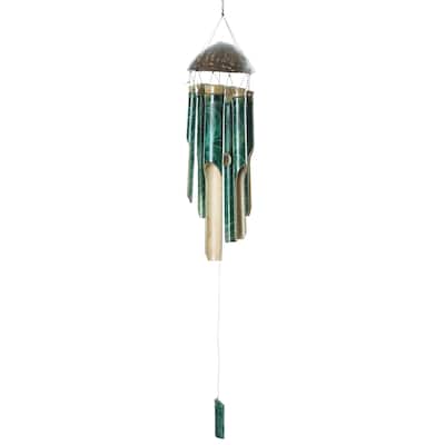 Novica Handmade Green Rhythm Bamboo And Coconut Shell Wind Chime