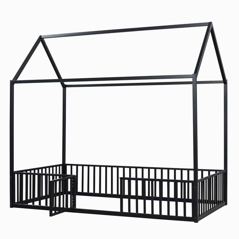 Twin Size Metal House Bed with Fence and Door