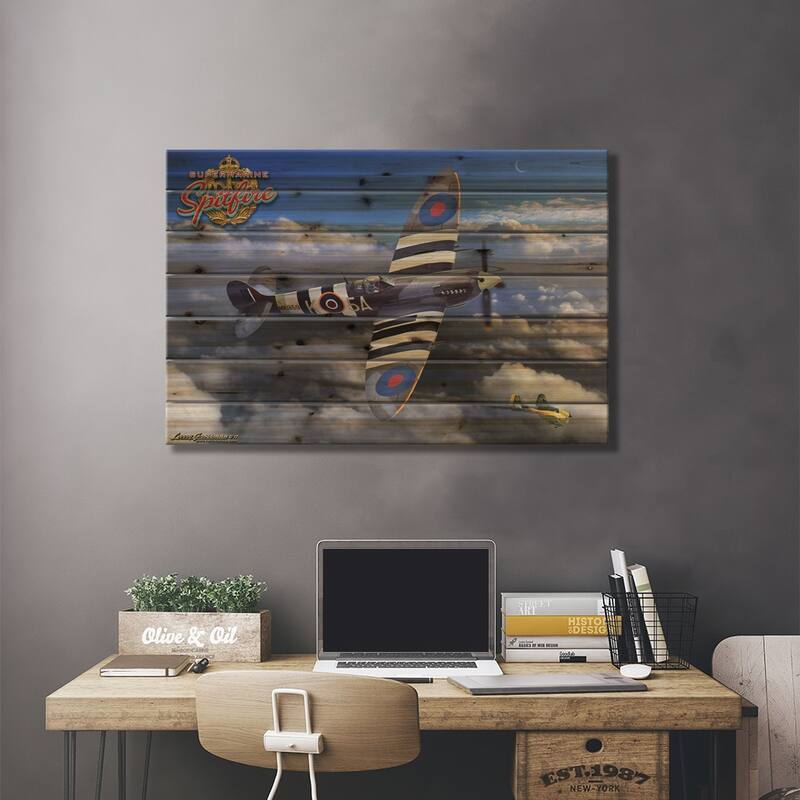 Spitfire Print On Wood by Larry Grossman - Multi-Color