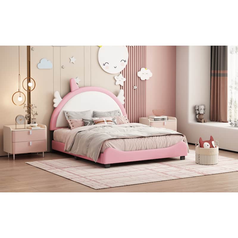 Wooden Full Size Upholstered Bed Platform Bed With Unicorn-Shape ...