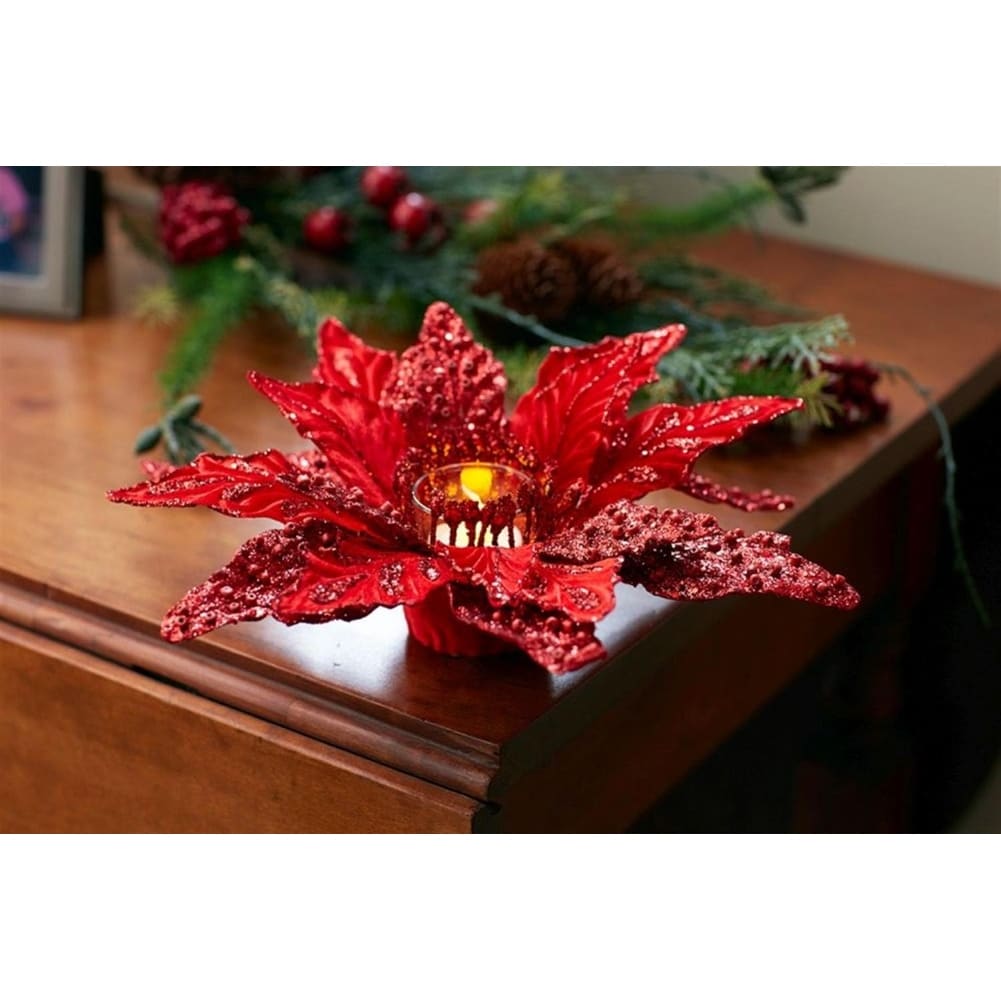 Shop Black Friday Deals On Set Of 6 Red Glittered Christmas Poinsettia Votive Candle Holder 12 Overstock 21395161