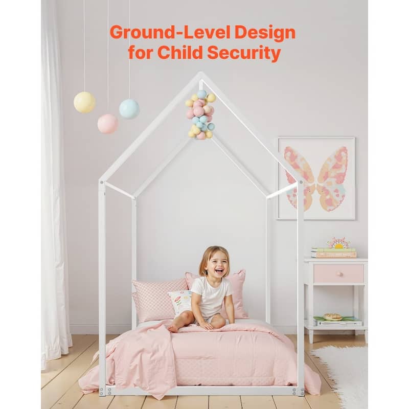 Twin Size White Metal Kids House Bed Frame with Floor Safety and Roof Creative Play Space