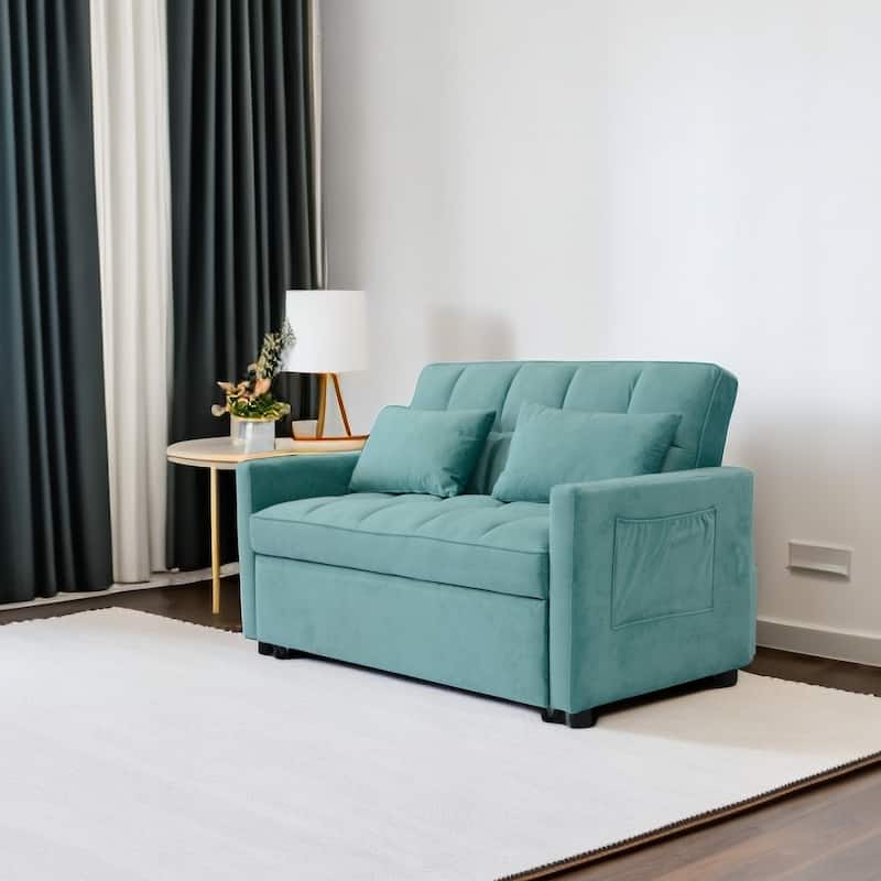 Velvet 3 in 1 Loveseat Sofa Pull Out Sleeper Sofa Bed Adjustable Backrest Tufted Couch with 3 USB Ports 2 Side Pockets