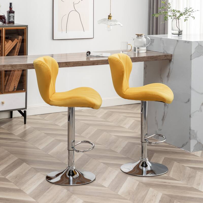 Set of 2 Adjustable Swivel Barstools with Upholstered Bucket Seats and Chrome Footrest.