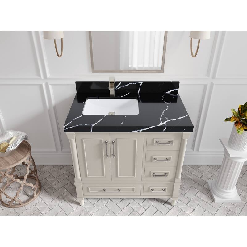 Willow Collections 36 in. W x 22 in. D Aberdeen Left Offset Sink Bathroom Vanity with Countertop - 2" Calacatta Black - Fine Grain
