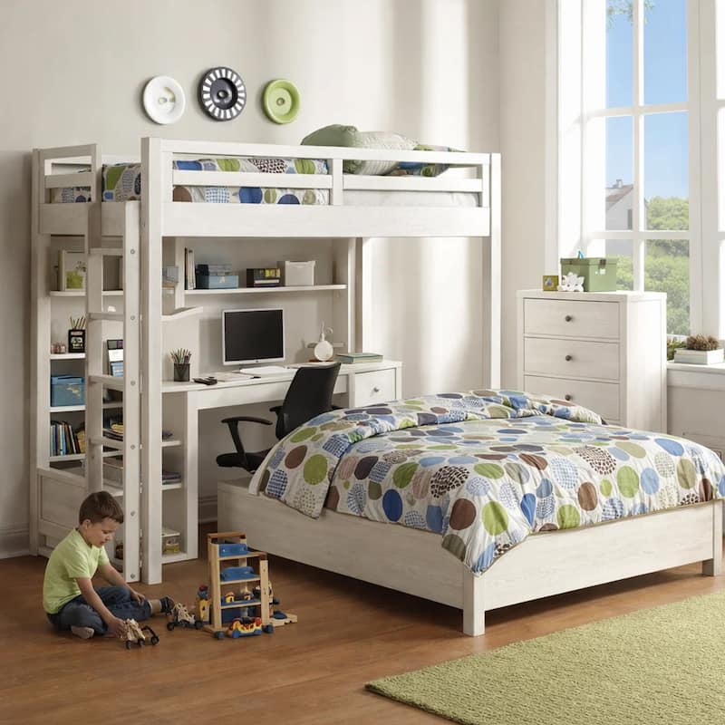 Transitional Style Twin Loft Bed, Fixed Ladder, Weathered White