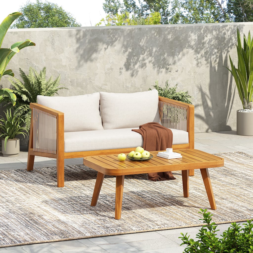 Christopher Knight Home - Outdoor Modern Solid Acacia Wood 2-Piece Conversation Set with Rope Arm Loveseat and Coffee Table