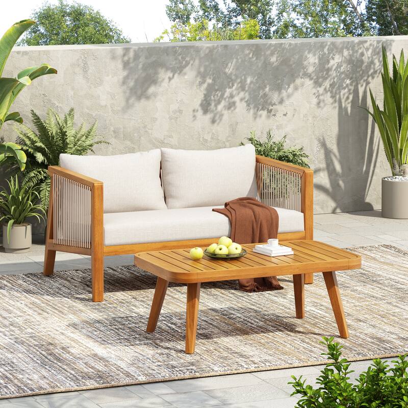 Christopher Knight Home - Outdoor Modern Solid Acacia Wood 2-Piece Conversation Set with Rope Arm Loveseat and Coffee Table - Beige,Teak