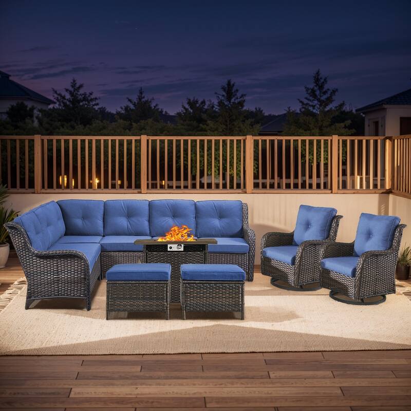 Outdoor 2 Sectional Sofa with Fire Pit Table Set - Sectional Sofa Chairs with Square Fire Table - Brown Rattan - Blue Cushion