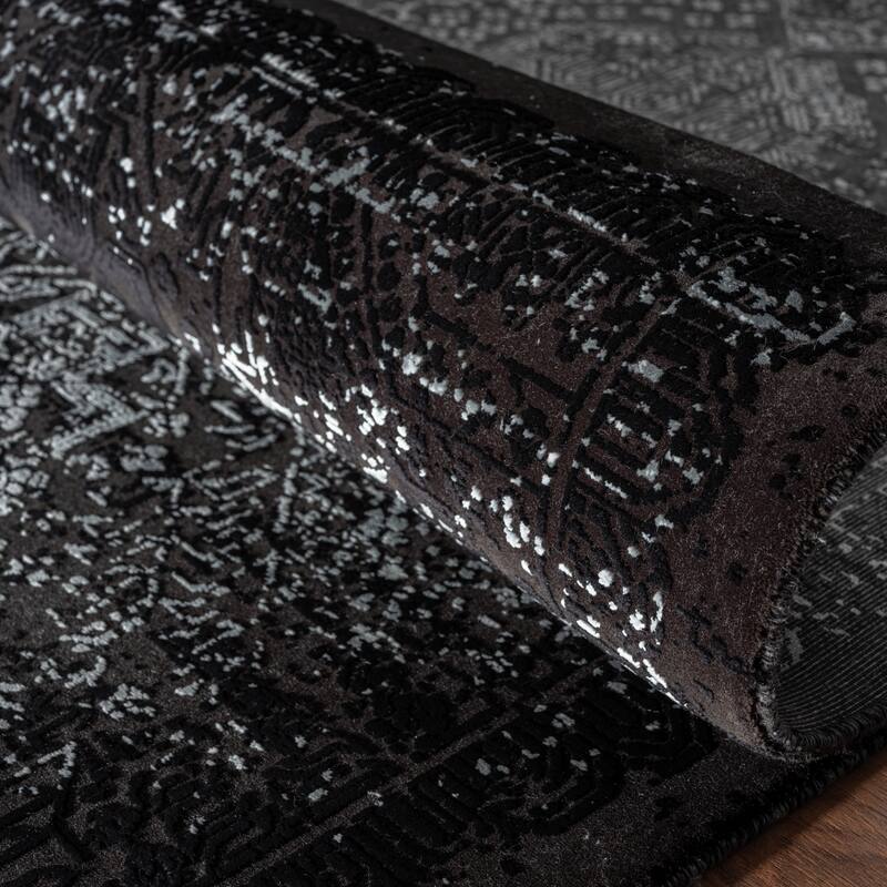 Updated Traditional Black Power Loom Viscose & Acrylic Area Rug