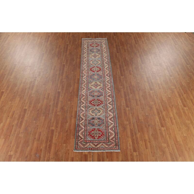 Light Blue Kazak Runner Rug Handmade Oriental Wool Carpet - 2'9" x 12'3"