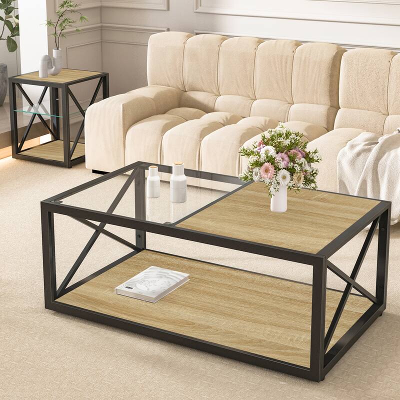 Modern Coffee Table For,Tempered Glass&Natural Wood Mdf Top,Industrial Style Coffee Table