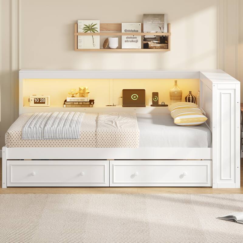 Full Size Wood Daybed with Storage Shelves, USB, LED, and 2 Drawers