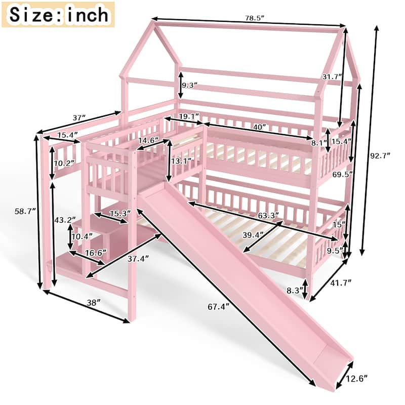 Full/Twin House-Shaped Bunk Bed with Slide & Storage Stairs, Playhouse Bed with Two Placement Methods