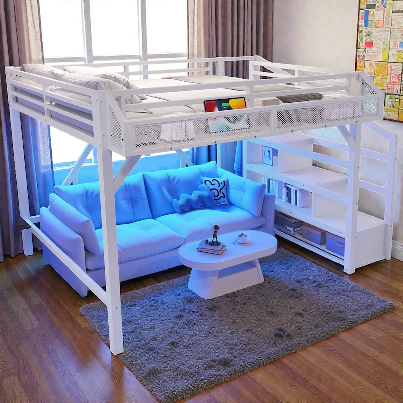 Metal Loft Bed with Storage Stairs, Wardrobe and Shelves, USB Ports and LED Lights, Noise Reduced Frame