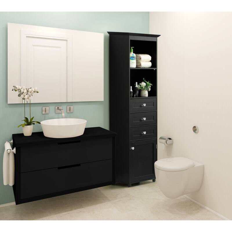 Tall Freestanding Storage Organizer Linen Tower, Vanity Closet, Bathroom Cabinet with 2 Open shelves, 3 Drawers, and a Closet